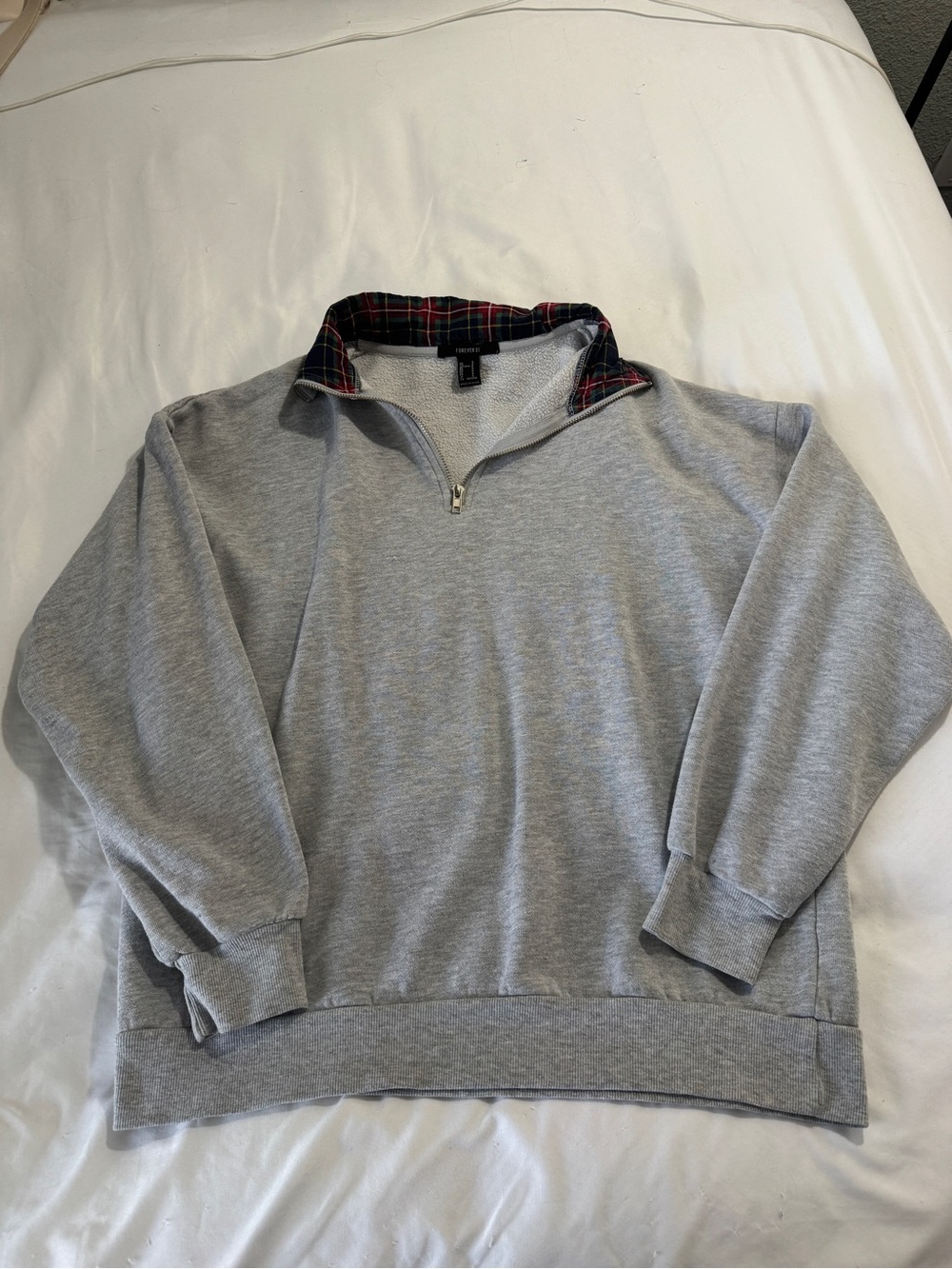 Forever 21 Heather Gray Plaid-Collared Quarter Zip Pullover - S